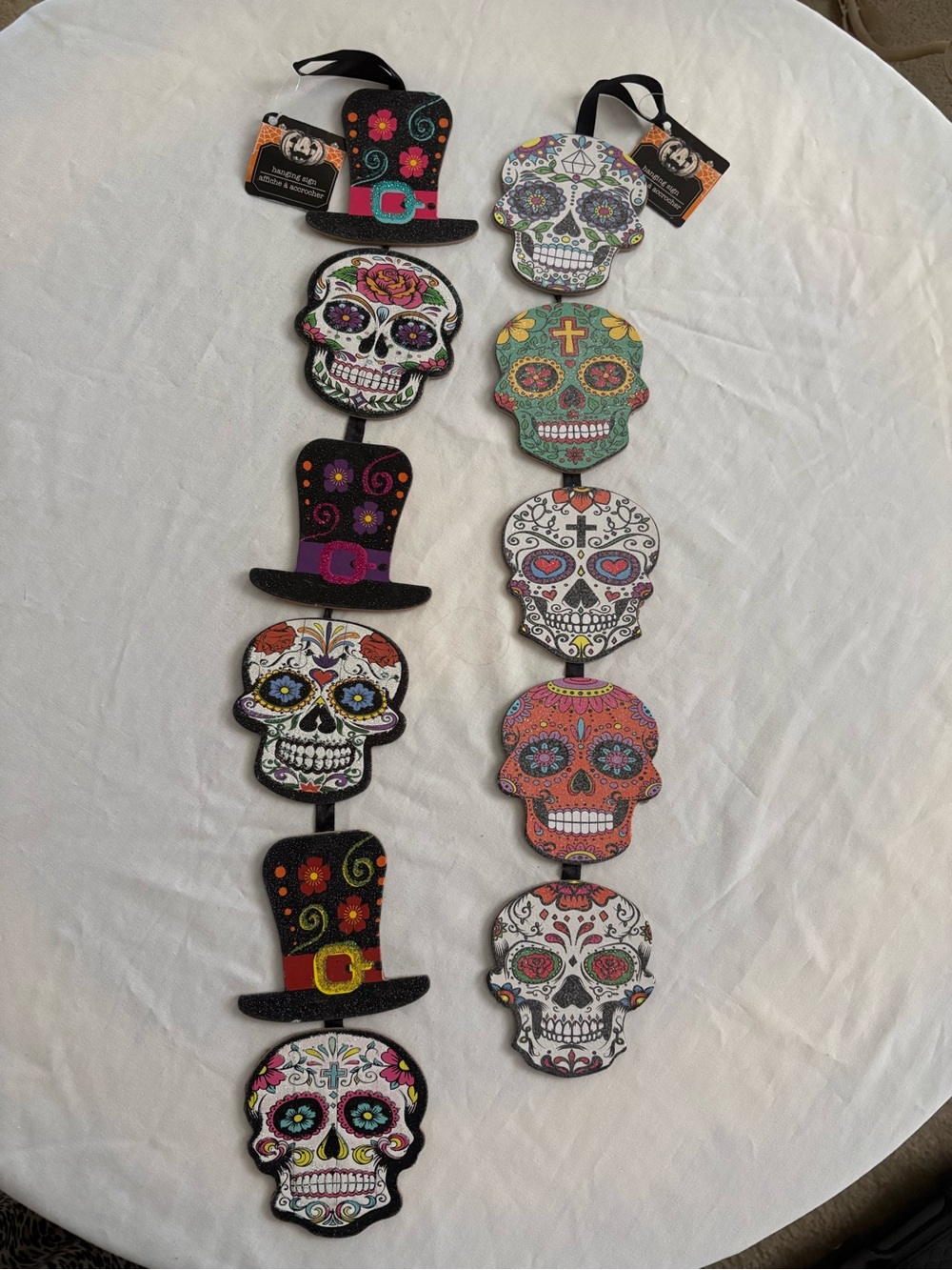 Halloween Set of 2 Bright Glittery Sugar Skull hanging signs Day of The Dead